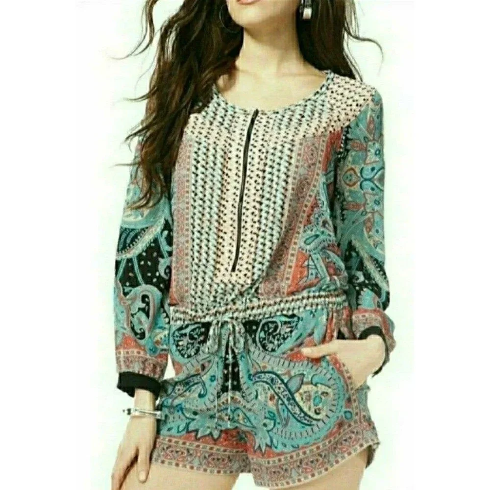 BCBGMAXAZRIA ROMPER BOHEMIAN TURQUOISE PRINT WOMENS MEDIUM NWOT